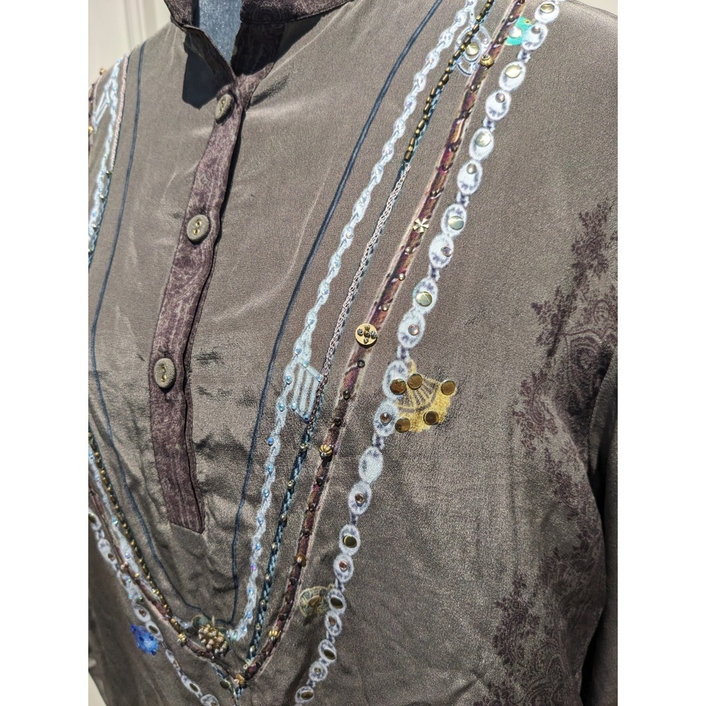Camilla Embellished Silk Tunic Blouse L Gothic Studded Beaded Rosary Cross FLAW - Picture 3 of 16